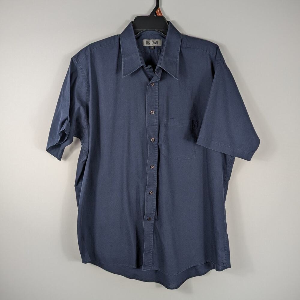 Oleg Cassini L Mens Button Down Shirt Size 17 Blue Short Sleeve Casual Office